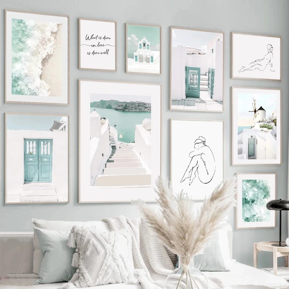 

Рисунок на холсте в прибрежном городе, церковь, Санторини, девушка, искусство на стену, фотография на стену для декора гостиной