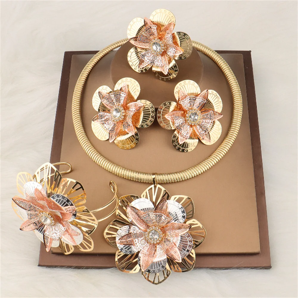 

Fashion Gold Plate Jewelry Sets for Women Exaggerate Big Flower Earrings Adjustable Bracelet Rings Bohemian Bridal Christmas Set