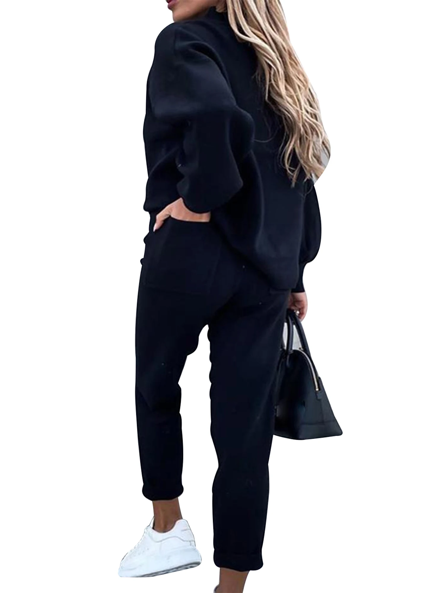 

Women Casual 2-piece Outfit Set Long Sleeve High Collar Top and Pants Set for Ladies Female