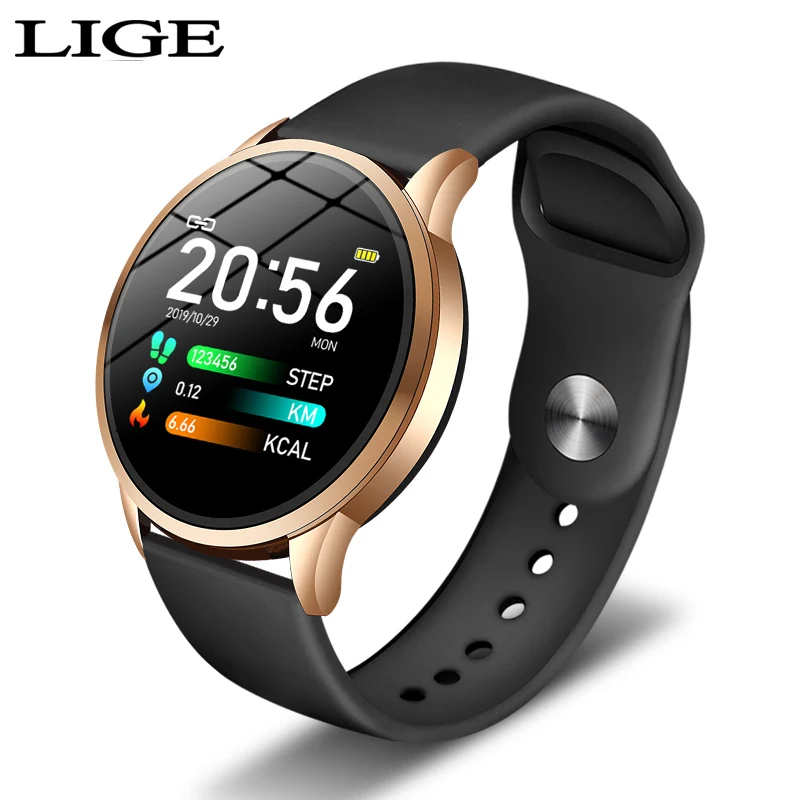 Gold black LIGE Smart Watch Women Men Sports Fashion Waterproof Activity Fitness Tracker Heart Rate Brim Smartwatch Blood pressure bracelet - Цвет: Gold black