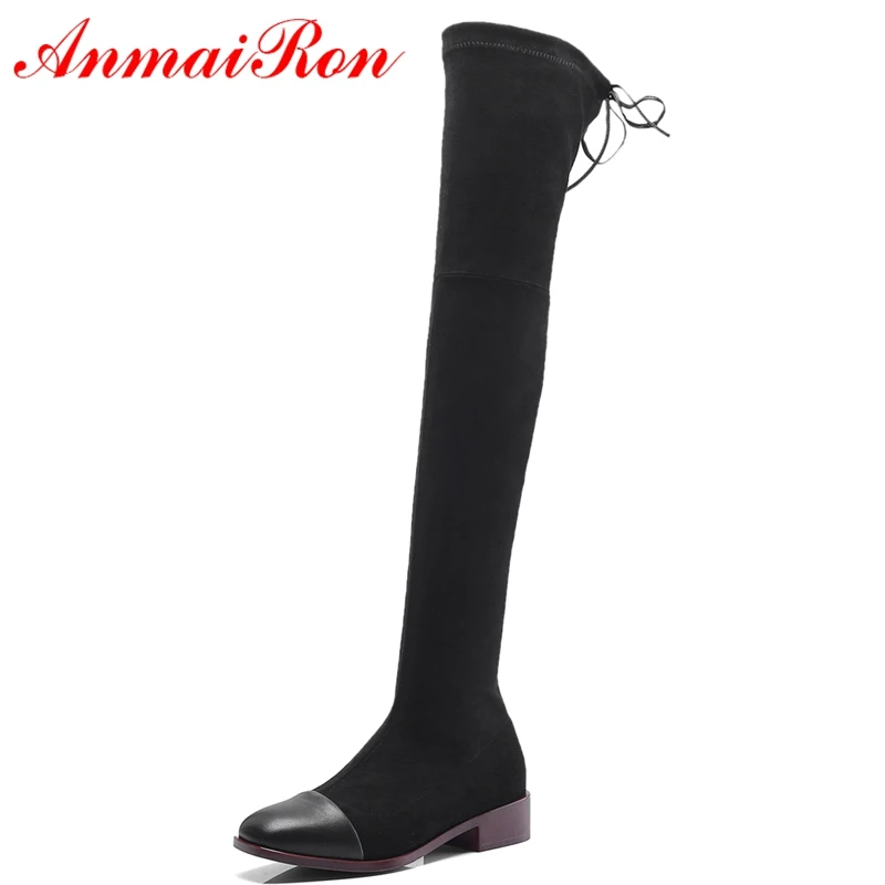 

AnmaiRon Basic Round Toe 2018 Woman Genuine Leather Over The Knee Boots Fashion Shoes 2018 Women Shoes Size 34-39 LY210