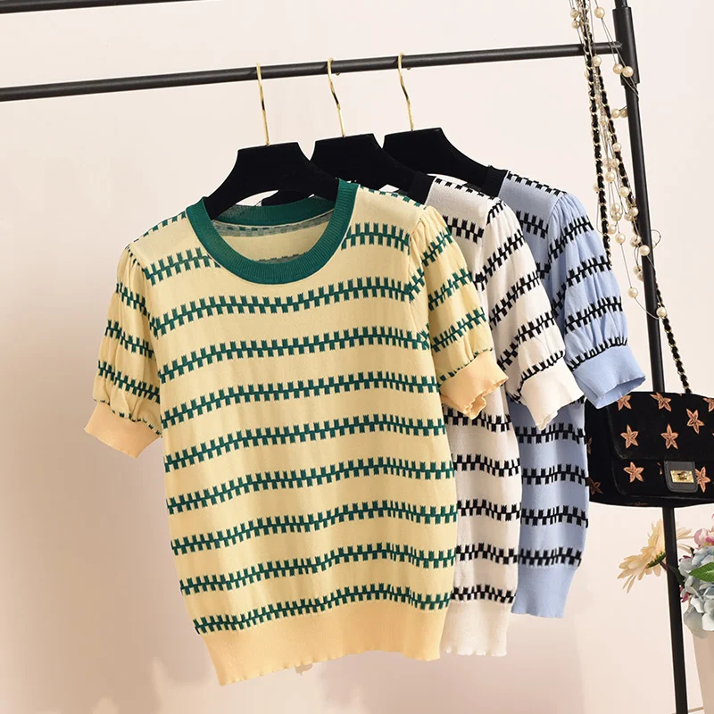 

Knitwear short sleeve women's summer thin ice silk top slim fit short stripe gentle wind thin Pullover sunscreen