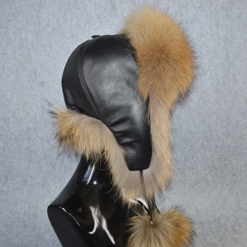 raccoon fur Брендовая женская шапка из натурального меха лисы, зимняя шапка-ушанка, шапка-бомбер, шапка для русской снежной погоды, Толстая теплая меховая шапка из натуральной кожи - Цвет: raccoon fur