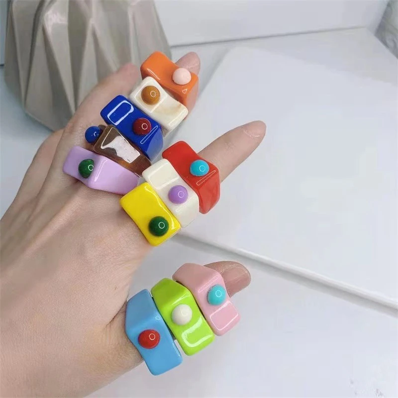 

10Pcs Summer 2021 Designer Open Ring 11 Colors Multicolored Acrylic Rings Square Adjustavble Resin Ring For Women