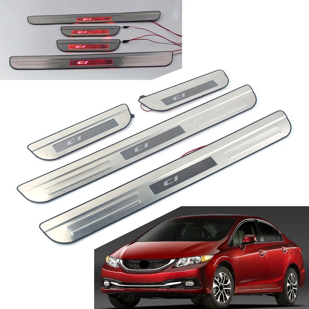 

4x Car Door Sill Scuff Plate Guard w/ Red LED Light Logo For Honda Civic 2006 2007 2008 2009 2010 2011 2012 2013 2014 2015
