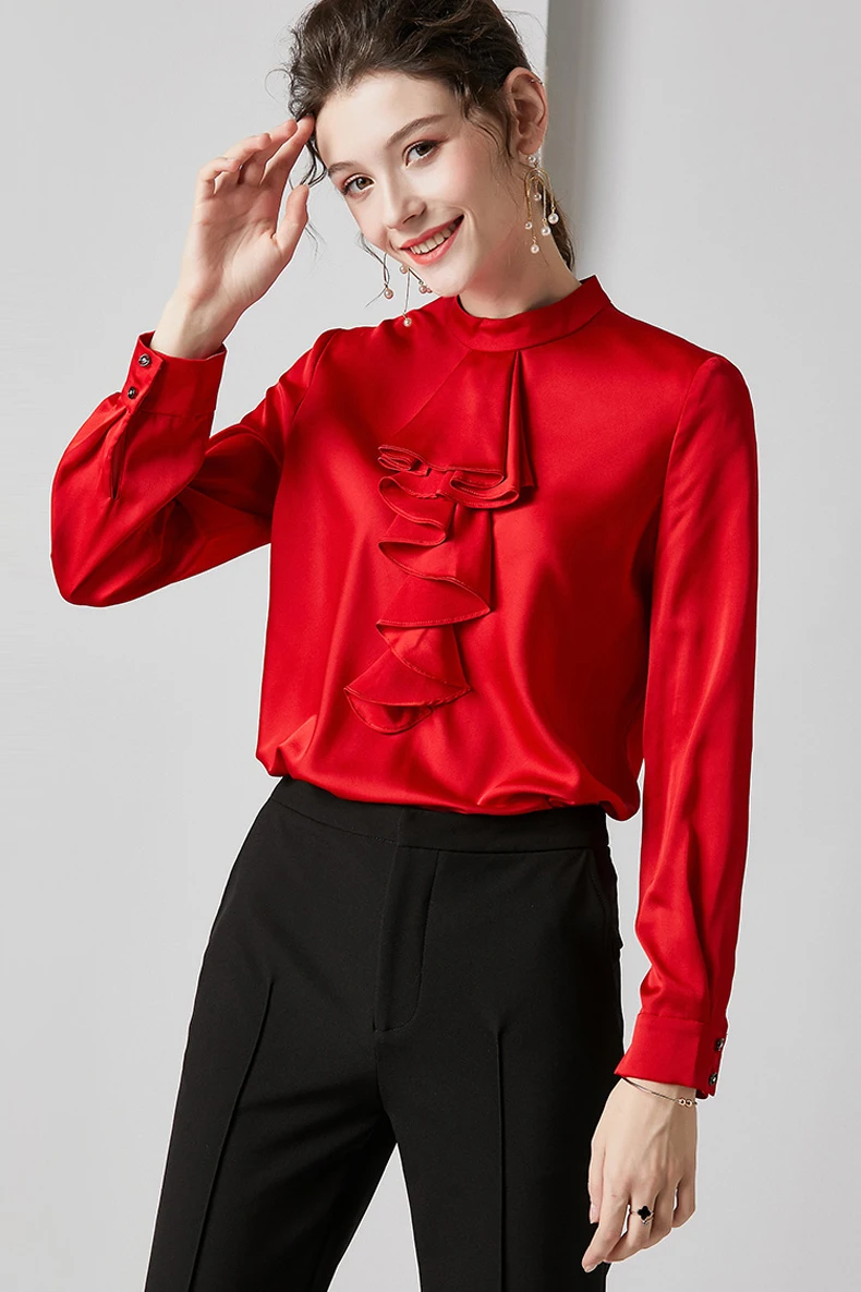 Женские Подиумные рубашки смесь из шелка с круглым вырезом и длинными рукавами