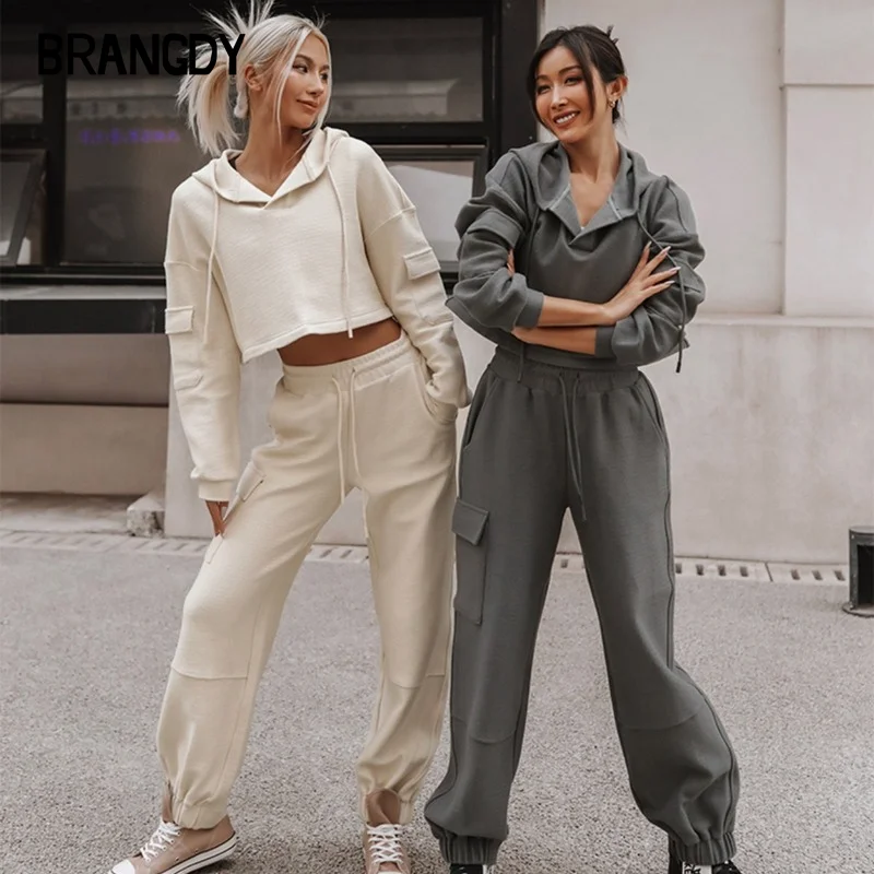 

Новинка весна-осень 2021, однотонная Толстовка с длинным рукавом, комбинезон с карманами, толстовка, спортивный костюм для отдыха, Женский кос...