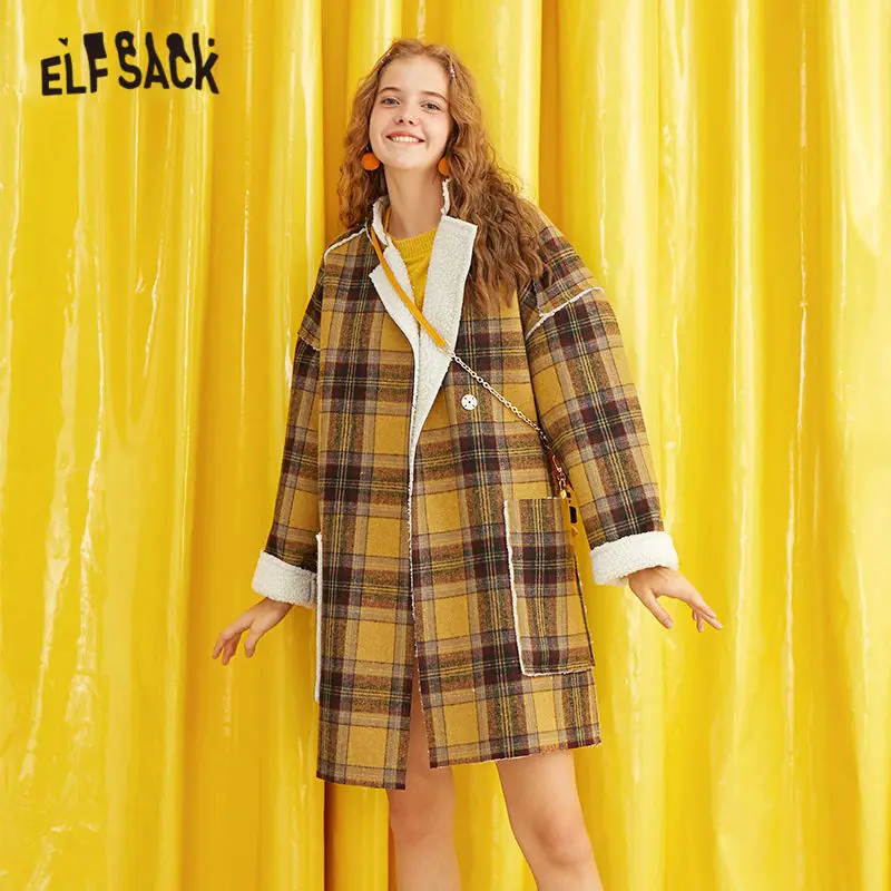 ELFSACK, клетчатое, плюшевое, прямое, двубортное, шерстяное пальто для женщин, Осень-зима, флис, повседневная, женская, теплая верхняя одежда