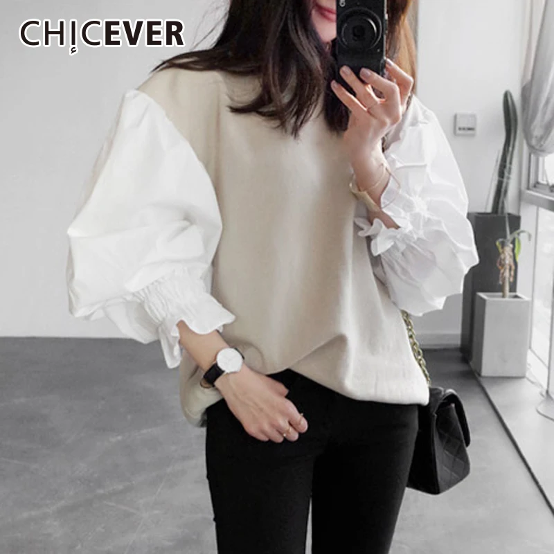 CHICEVER 2020 Женская толстовка весна топ фонарь рукав свободные размера плюс