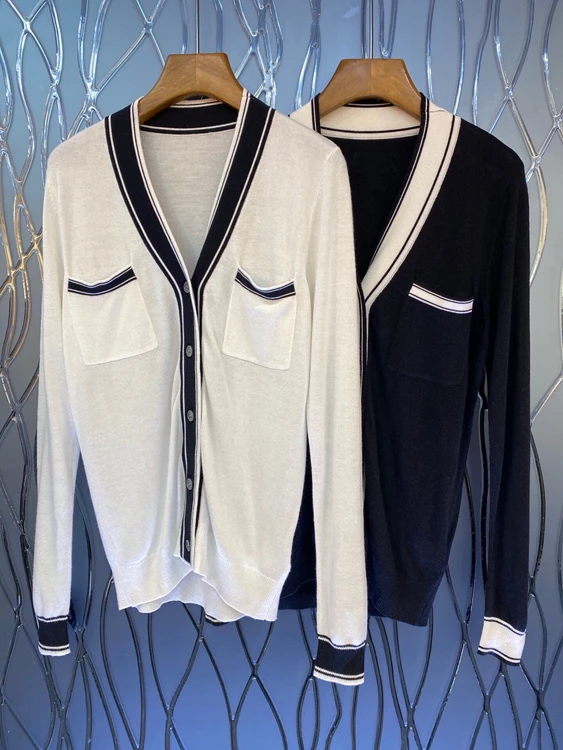 

2021 new women fashion V-neck color-blocking trim symmetrical pockets long-sleeved cardigan sweater 722