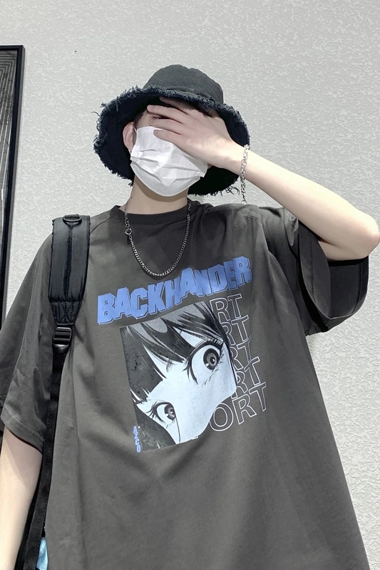 

Short-Sleeved T-shirt Men's Summer Half Sleeve Loose All-Match Cartoon Printed Fashion Brand Ins Trendy Tops