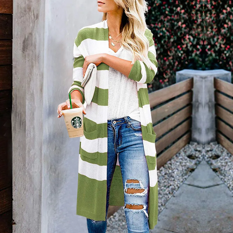 

Casual Long knitted Outerwear Women Striped Knitwear Solid Autumn Long Coat Winter Knitting Coat Long Sleeve Knittwear M1237
