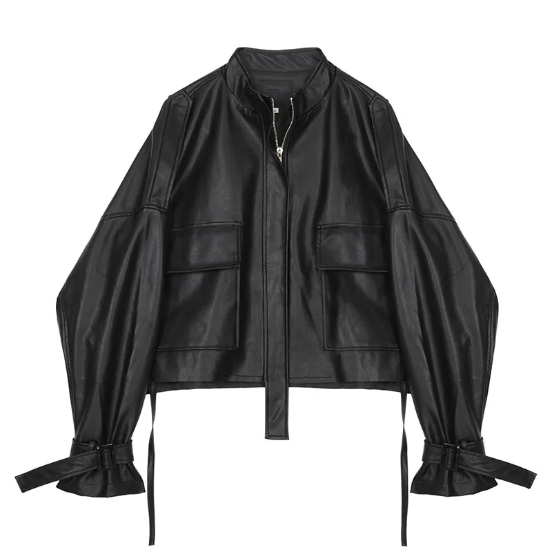 

Куртка женская короткая из ПУ кожи, свободная повседневная мотоциклетная верхняя одежда с карманами, Черная байкерская уличная одежда, 2022