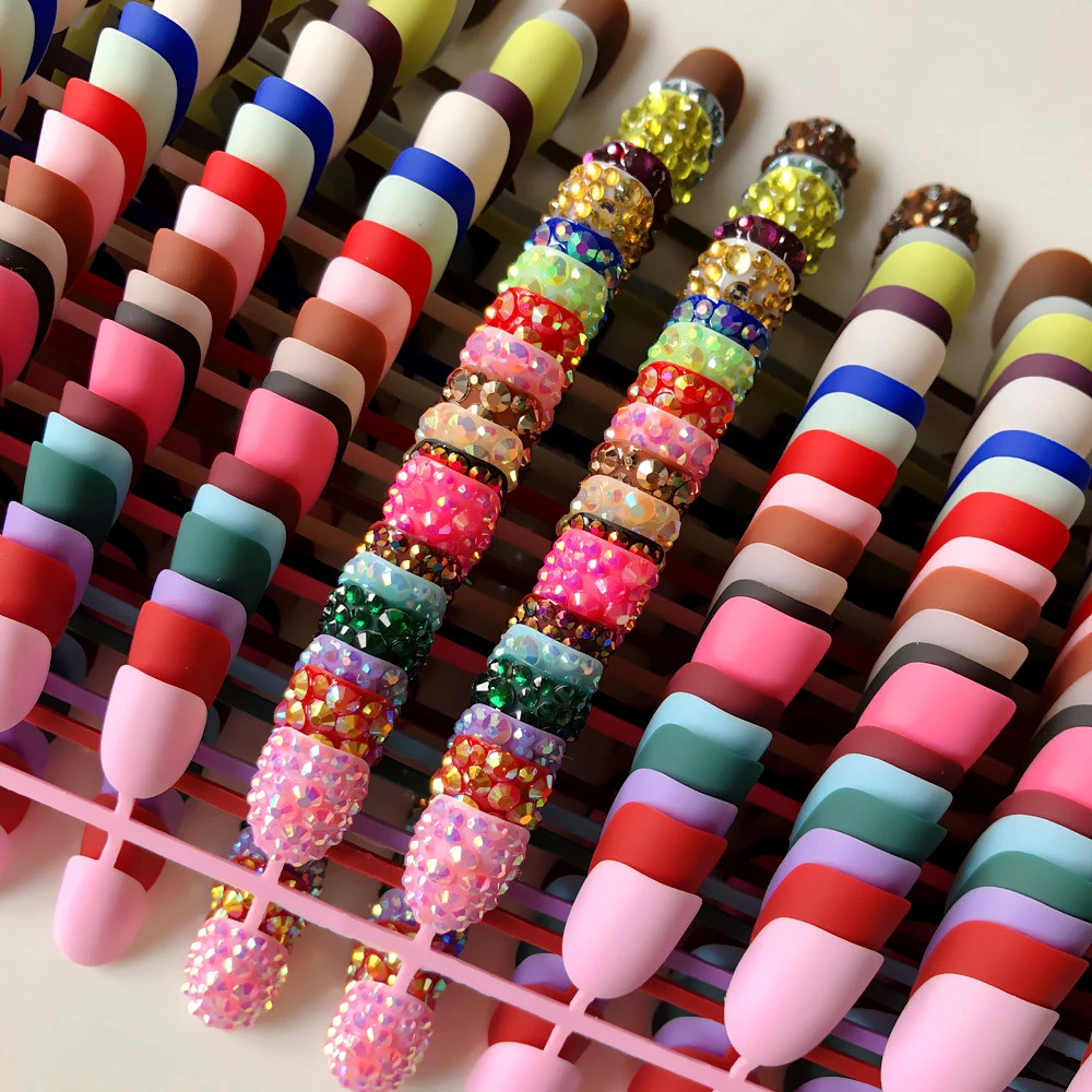 

Wholesale 20Colors Rhinestones Bling Custom Full Matte False Nails Press On Nails Medium length Soft Frosted Fake nails Suit