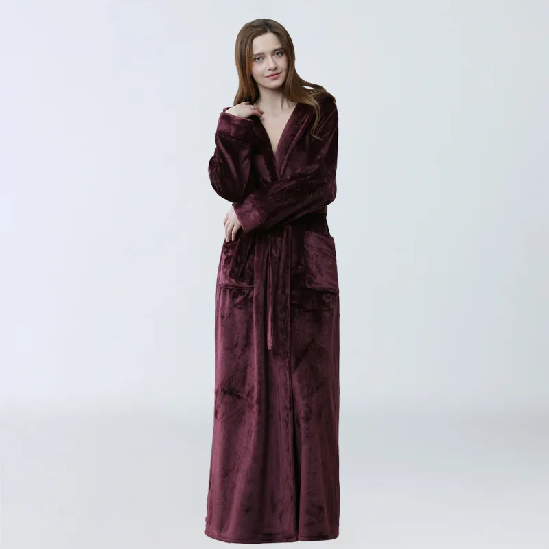 Red Wine Фабричный бренд, женский зимний очень длинный теплый халат, халат, Женский мягкий фланелевый пеньюар, неглиже, большой размер, домашний халат с капюшоном - Цвет: Red Wine