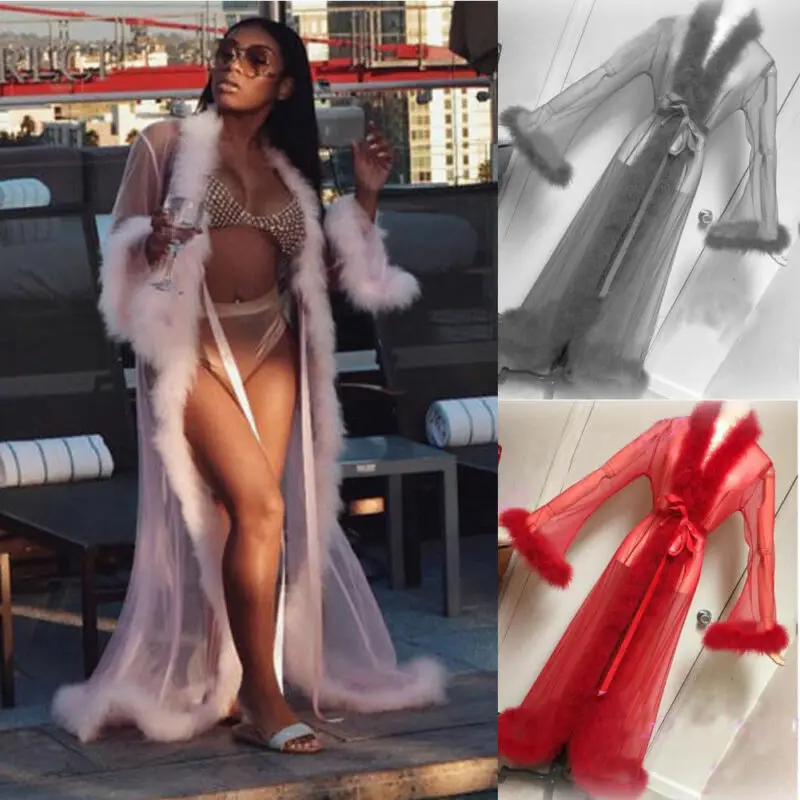 Женский кружевной сексуальный Ночной халат шифоновый сетчатый меховой с длинным