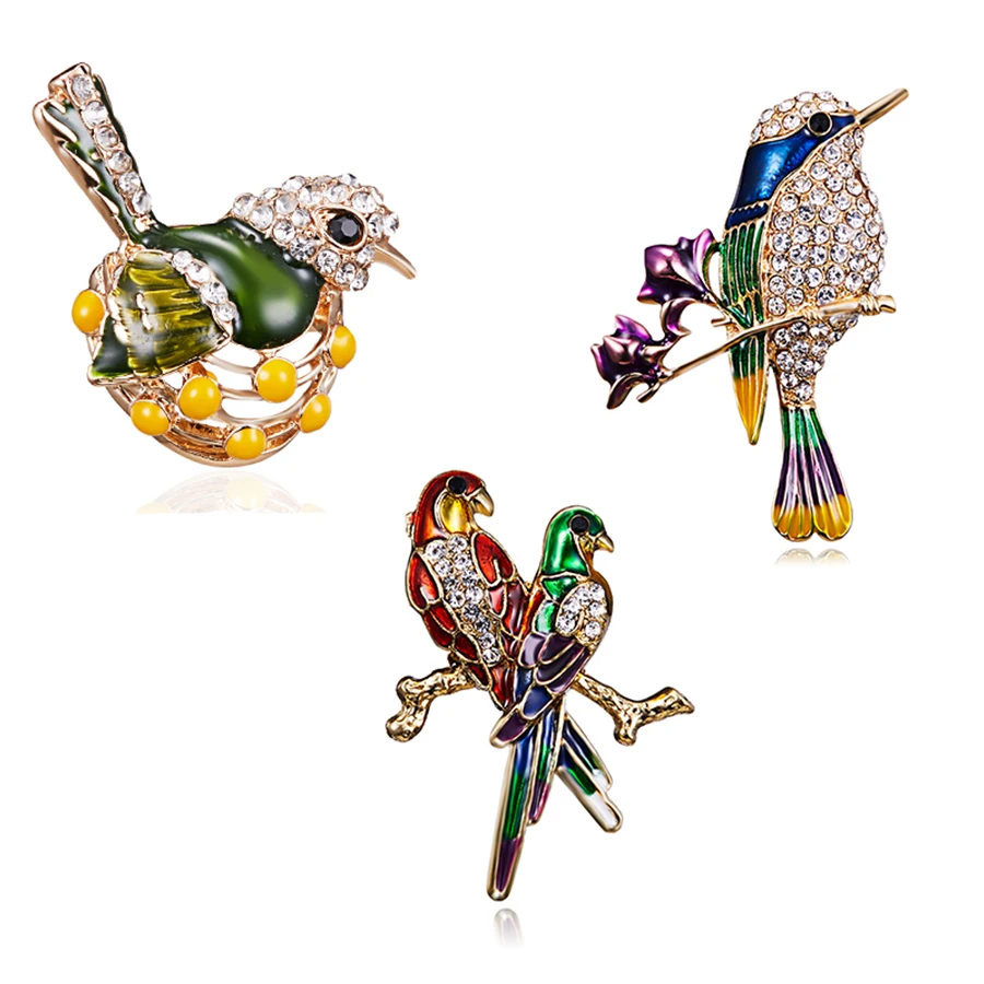 

Rhinestone Colorful Enamel Branches Birds Brooch Pins Painting Oil Cute Bird Flower Crystal Animal Handmade Christmas Jewelry