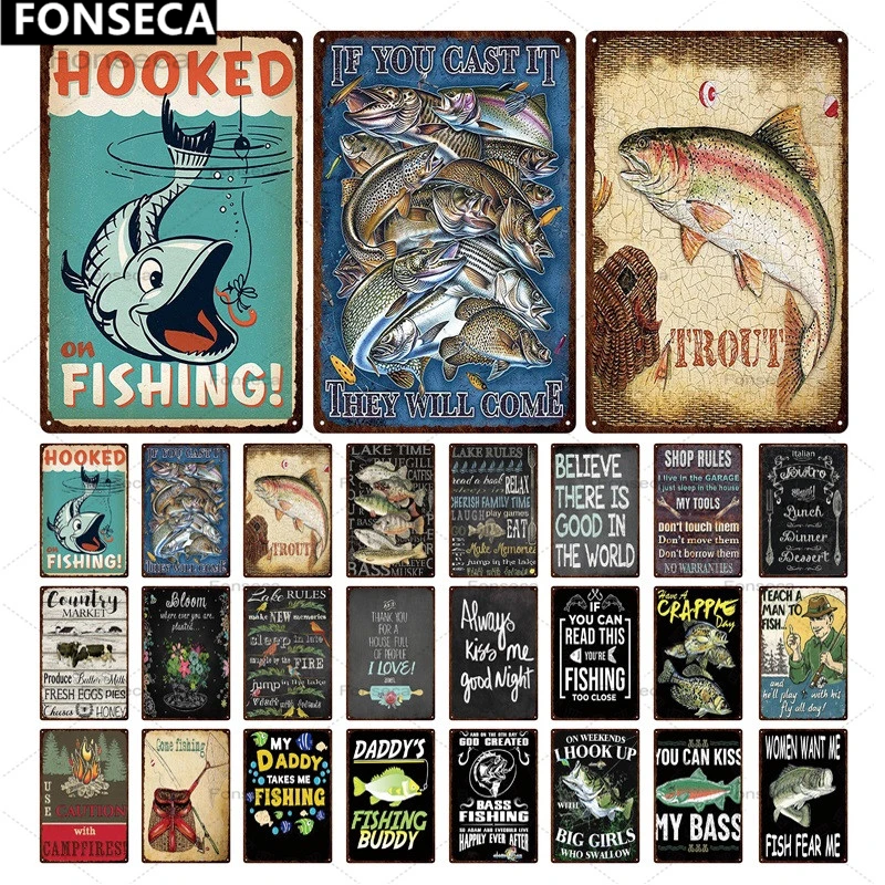 

Fishing Rules Metal Tin Sign Fishing Sign Vintage Metal Plate For Wall Poster Farm Art Decoration Retro Stickers Plaques