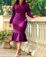 women purple shirt dress ruffle patchwork long sleeve with belt office lady midi dresses spring autumn elegant slim new robes