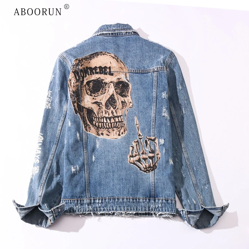 Джинсовая куртка ABOORUN мужская с принтом черепа Модная приталенная джинсовая