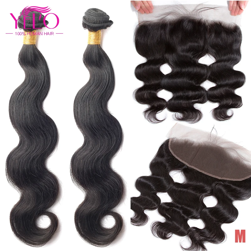 Йело бразильский Волосы remy пряди 2 шт. волнистые волосы с 13X4 кружева фронтальной