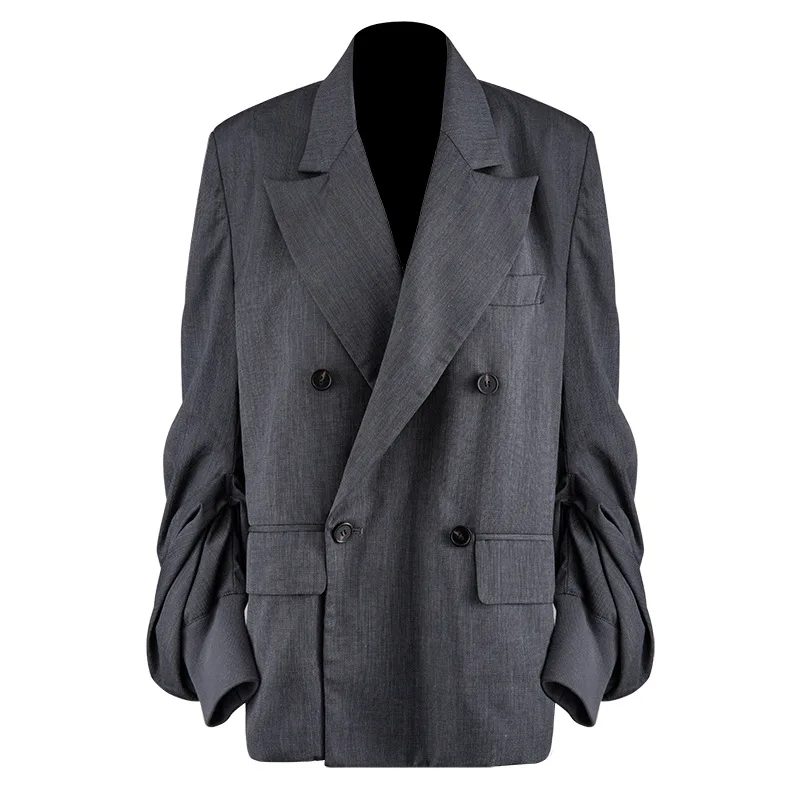 Женский серый плиссированный блейзер с разрезом новая свободная куртка длинными