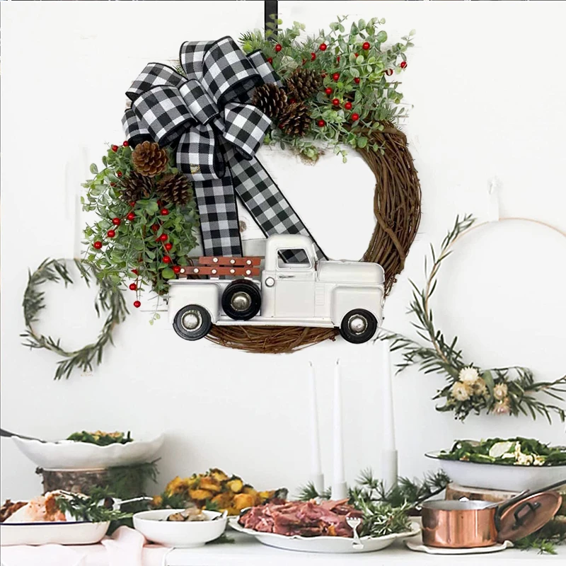 Guirnalda colgante para puerta de Navidad, colgante de pared con lazo de cami&oacute;n, C&iacute;rculo de rat&aacute;n, adorno de decoraci&oacute;n navide&ntilde;a, guirnalda de frutas rojas, decoraci&oacute;n del hogar-1