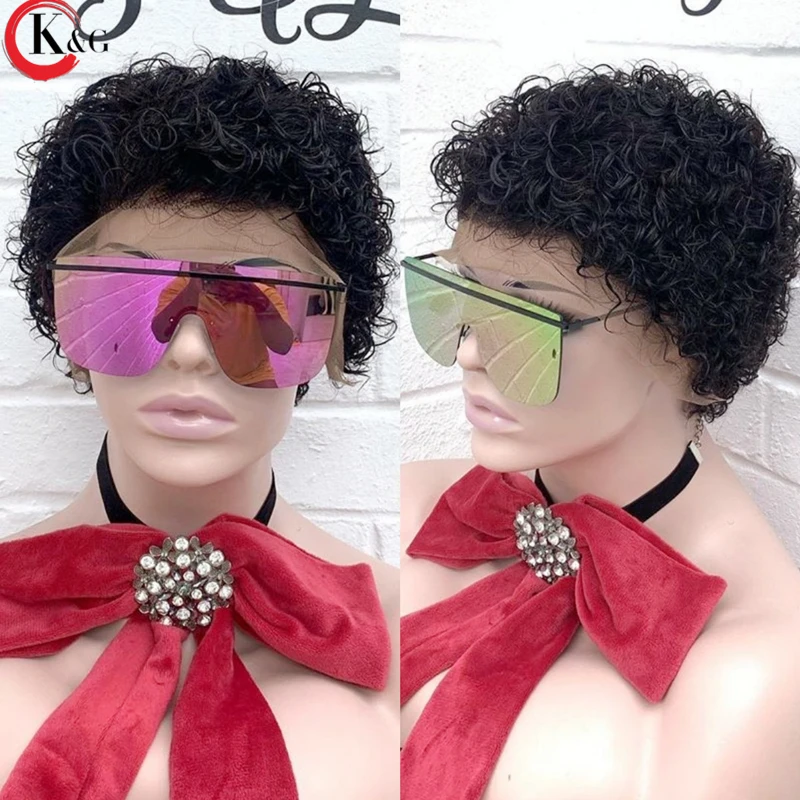 KUNGANG Pixie Cut Wig 13*4 Curly Lace Front Human Hair Wigs Middle Ratio lace wig 150% 180% Density Non-Remy | Шиньоны и парики