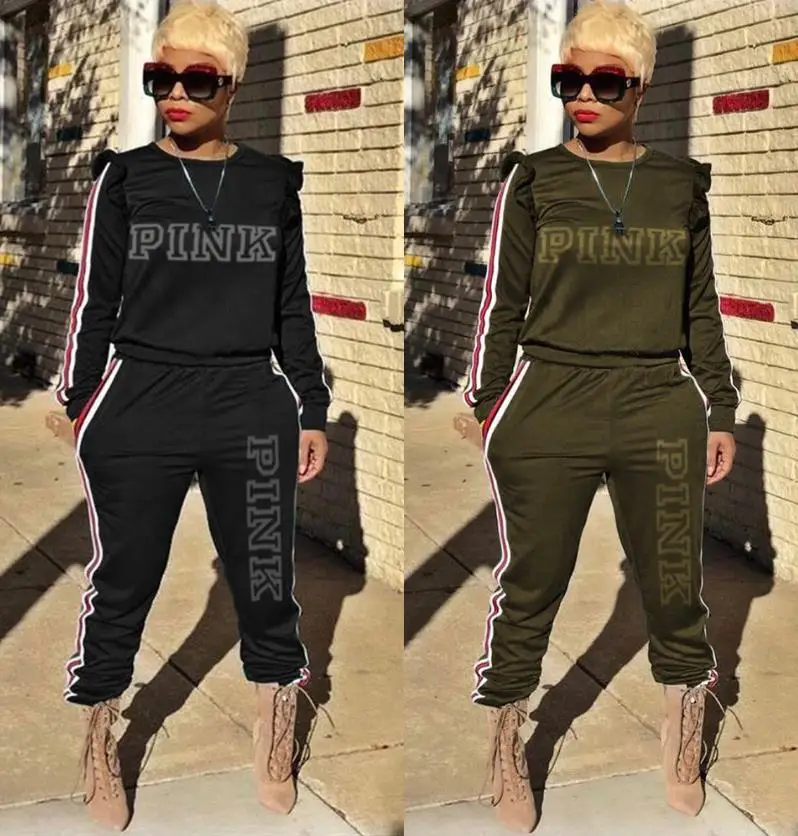 

Pink Casual two piece sets womens outfits wooden ear shoulder embroidery long sleeve tracksuits tops and pants jogging femme