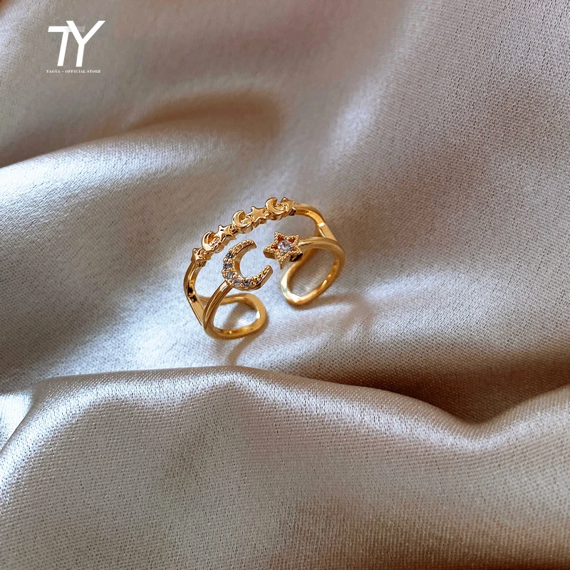 

Design Double Star Moon Ring For Woman 2020 New Fashion Korean Jewelry Unusual Girl Finger Accessories Wedding Party Luxury Ring