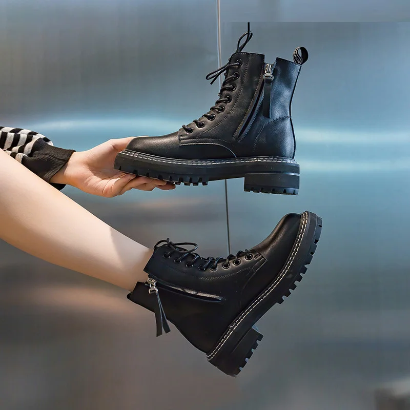 

Warrior Boots Female Women Shoes Ankle 2020 Autumn British Wind Genuine Leather Thick with Short Boots Motorcycle Martin Shoes