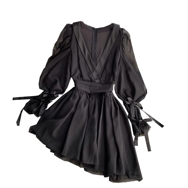 

Sexy Chiffon Women Dresses V-Neck Asymmetrical Lantern Sleeved Black Slim Lady Elegant Clothing Top Quality