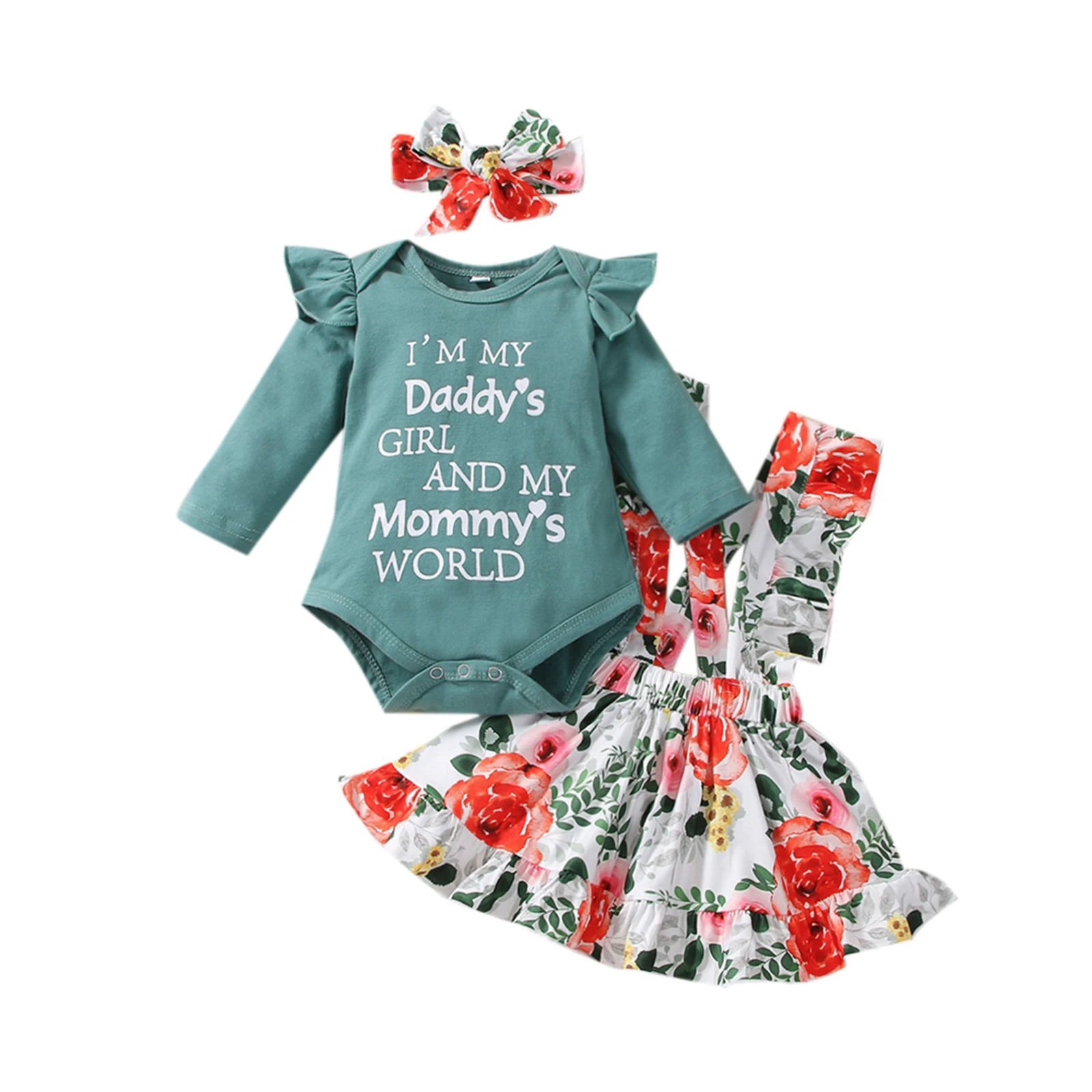 

Baby Girl’s Three Piece Suit Unique Letter Long Sleeve Romper and Flower Suspender Skirt & Headband