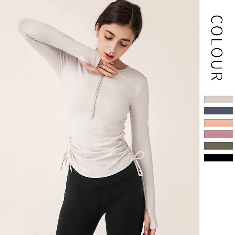 

Autumn New Tight-fitting Yoga Wear Long-sleeved T-shirt Drawstring Waist Running Sports Top Ladies Fitness Wear Zipper