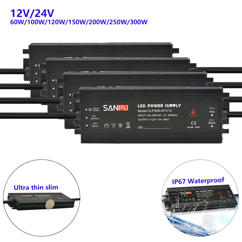 Светодиодный тонкий алюминиевый IP67 Водонепроницаемый источник питания 300 в 60 Вт