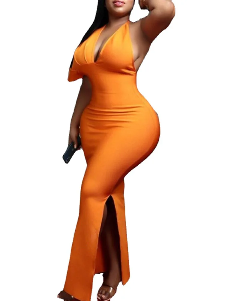 

Sexy Dresses Women Party Night Cub Wear Orange Halter One Shoulder V Neck Side Split Bodycon Long Vestidos Mujer Dresses New