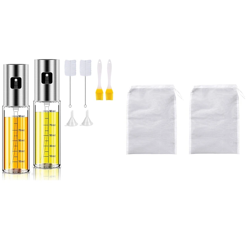 

2Pcs Fine Mesh Kitchen Food Strainer Bags 120+200 Mesh With Olive Oil Sprayer For Cooking Refillable Spray Bottle