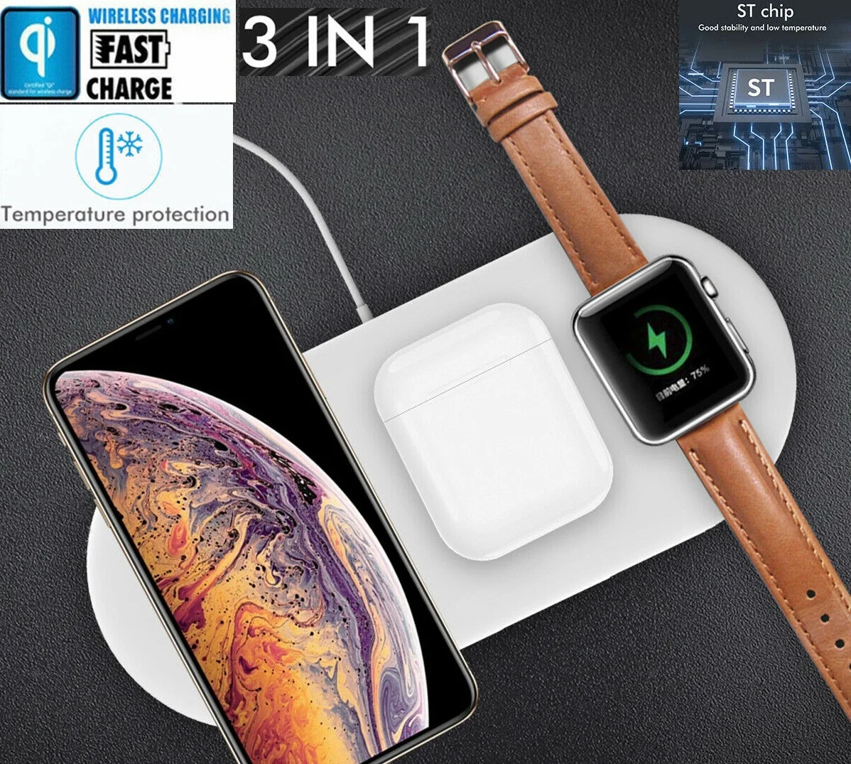 3 в 1 10 Вт Qi Беспроводное зарядное устройство для iPhone X Xs MAX XR 8 plus Быстрая зарядка