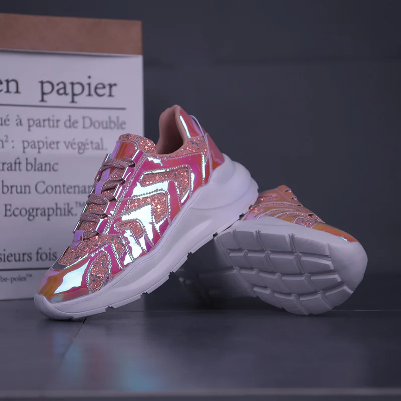 

New Women's Shoes Fashion Clunky Sneakers Mirror Glossy Women's Shoes