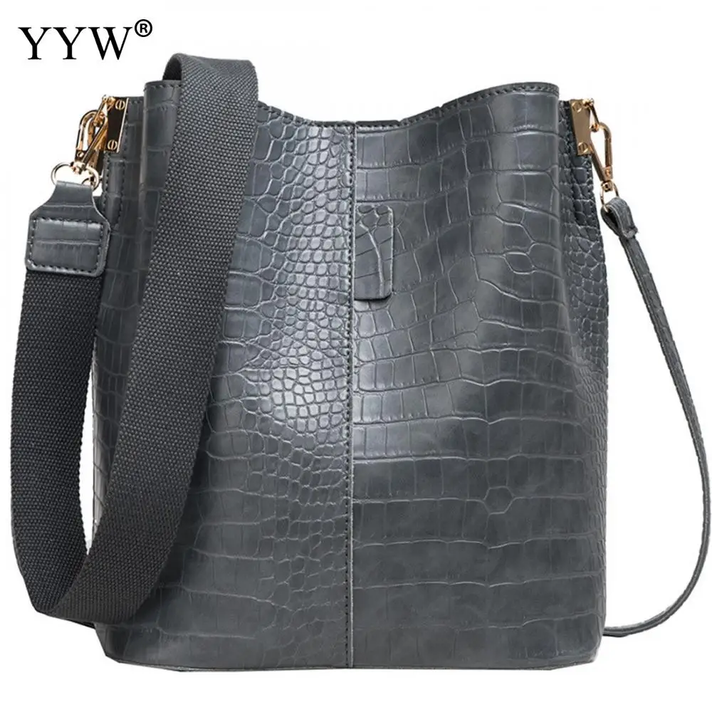 

YYW Crocodile Grain Bucket Bag Open Large Cpacity Handbag Female Vintage Softbags Female Totes Shoulder Bags Green Bolso Mujer