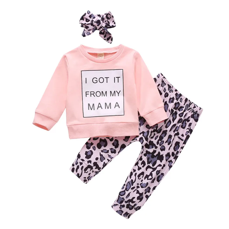 

2021 Newborn Set Girl Letter Print Long Sleeve Tshirts Leopard Pants Headband Casual Outfits Baby Clothing
