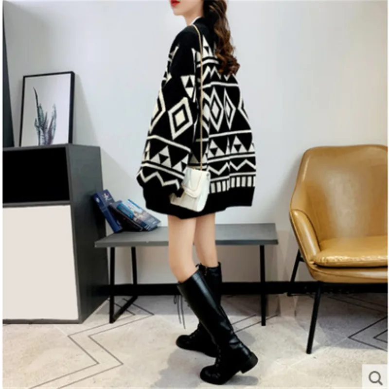 Женский вязаный свитер с длинным рукавом Свободный кардиган узором ромбиками