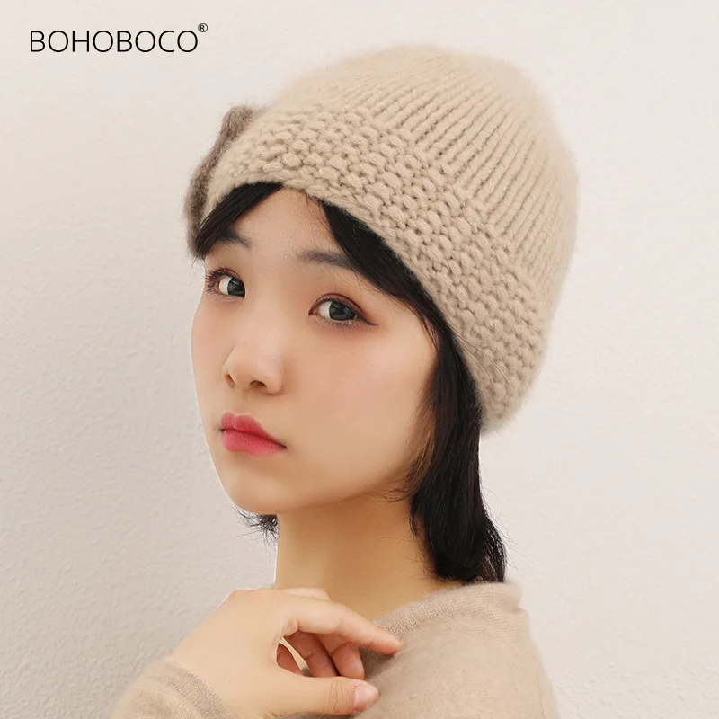

2021 Hat winter women's fashion Solid color Pure cashmere hand knitted Flower Hat