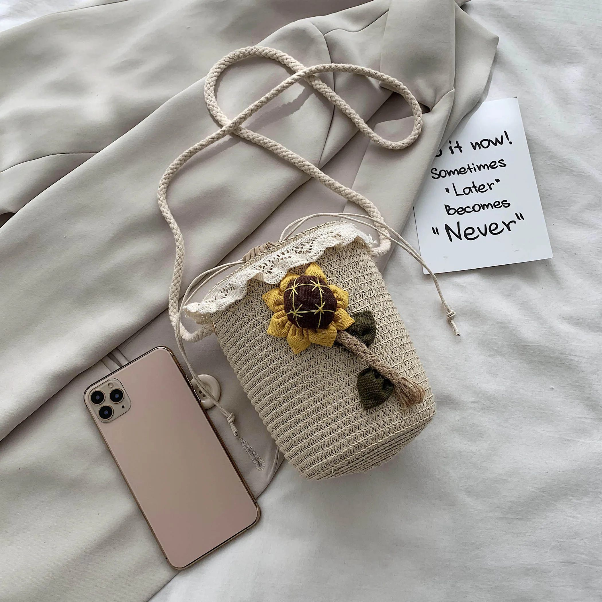 Сумка-ведро из искусственной соломы с цветами летняя пляжная сумка-мессенджер