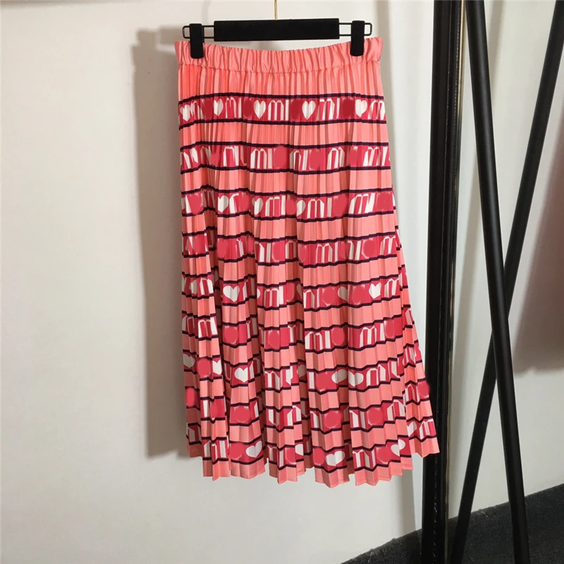 

2021 spring and summer new letter love print stripe color matching skirt women'sfashion stretch high waist pleated midi skirt XL