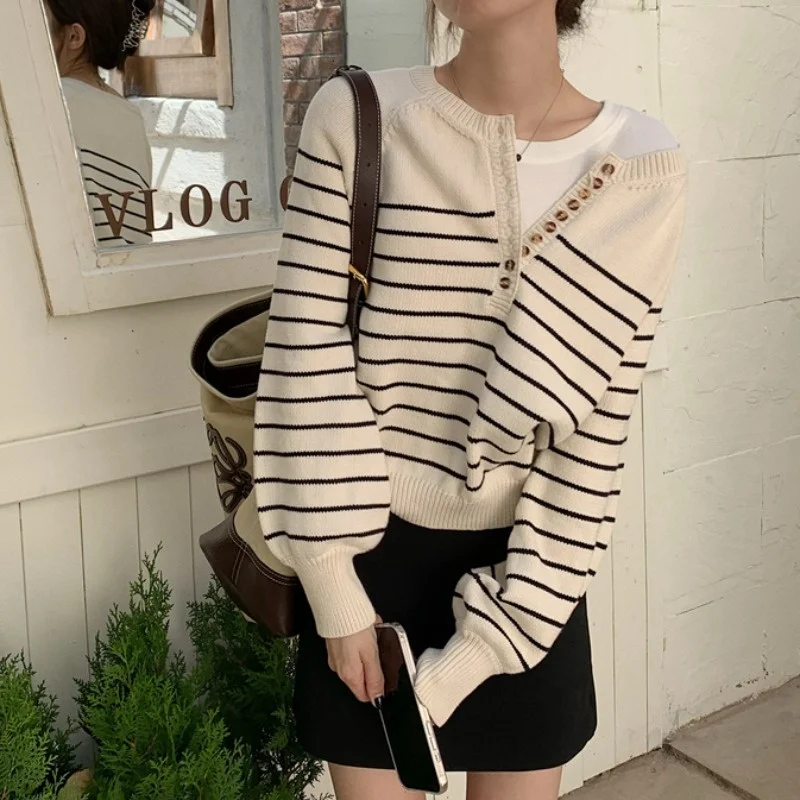 Женский свободный пуловер в полоску свитер французском стиле с длинным рукавом