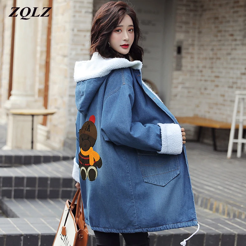 Зимнее джинсовое пальто для женщин толстая теплая подкладка из шерсти хлопковая