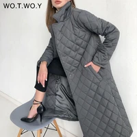 wotwoy argyle long cotton padded parkas women belted thick warm winter jacket female casual solid coats female 2021 overcoat