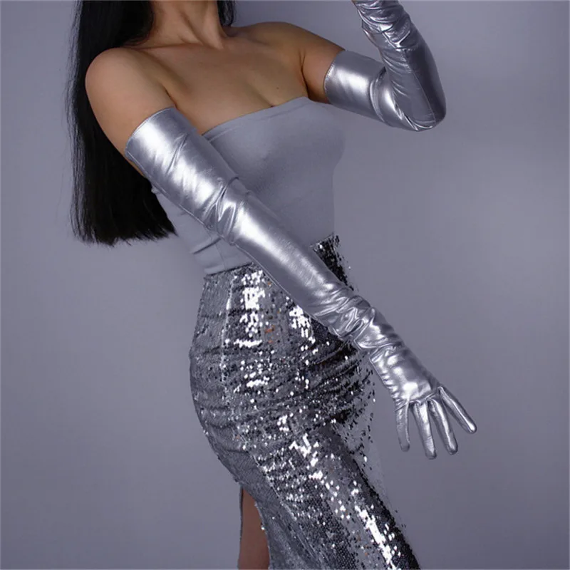70cm Extra Long Silver Gloves Long Style Emulation Leather Sheepskin Patent Leather PU Metal Bright Silver Grey Female PU63-70