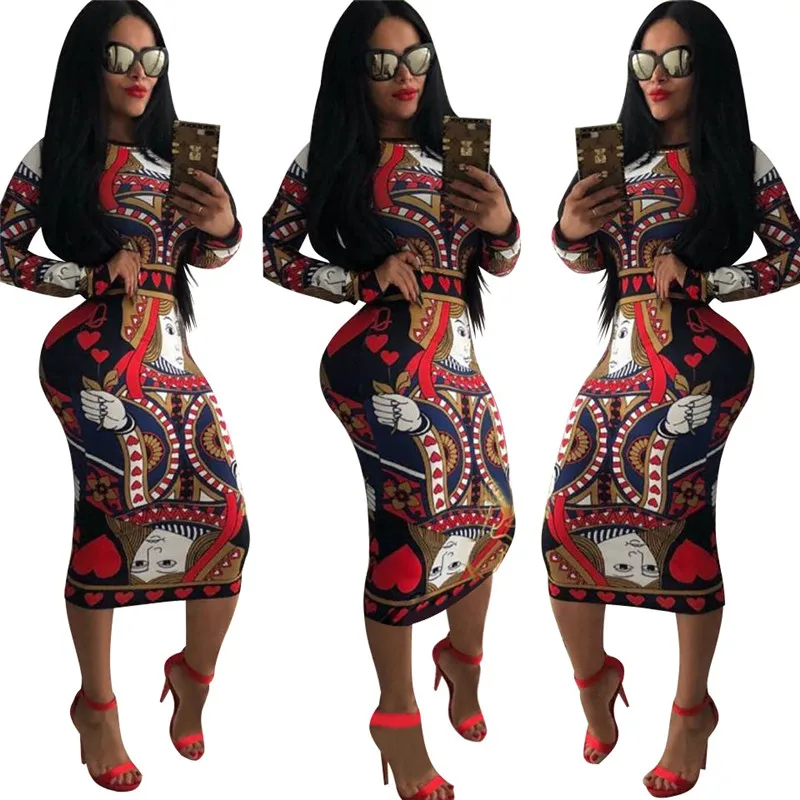 

Dress 2021 elegant Fashion Women Sexy Bodycon Dress Long Sleeve Vintage Chain Print Dresses Christmas NightClub party Dress